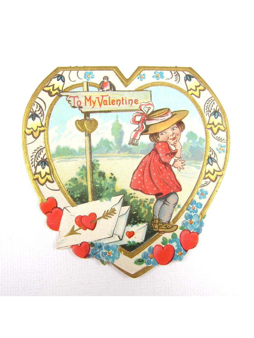 Vintage Valentine Card Die cut Girl Red Dress Blue Yellow Flowers Gold UNSIGNED